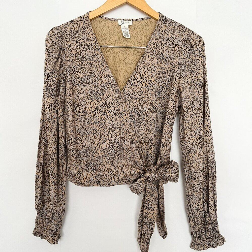 Japna Faux Wrap Animal Print Top Cropped Long Sleeves Tie Waist Smock Size Small